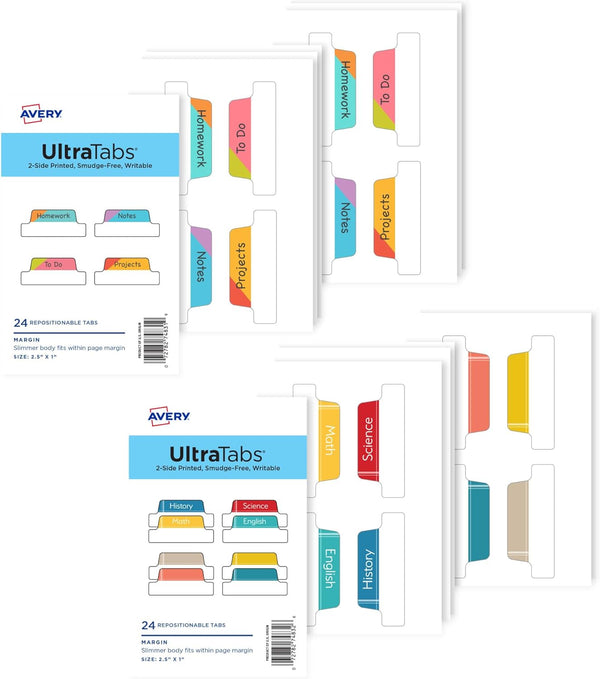 Avery Ultra Tabs Bundle, Student and School Subject Tabs, 2.5" x 1" Margin Tabs, 48 Sticky Tabs (74903)
