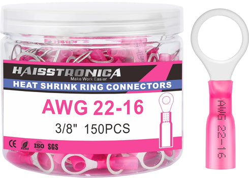 haisstronica 150PCS Heat Shrink Ring Terminals, Marine Grade Wire Connectors Red AWG 22-16 Gauge, Tinned Copper