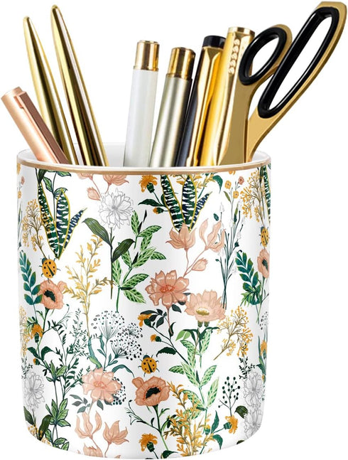 WAVEYU Large Capacity White Flower Ceramic Pen Holder for Desk, Makeup Brush, Marker, and Pencil Storage Organizer