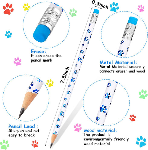 Chinco Paw Print Pencils Dog Paw Pencils Wooden Writing Novelty Pencils with Erasers for Kids Doggy Party Favors Welcome Back to School Party Supplies, 6 Colors(100 Pcs)