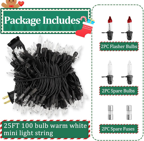 Filltown 25FT 100 Count Warm White Christmas Lights Outdoor, Incandescent Mini Christmas Lights Black Wire, Waterproof