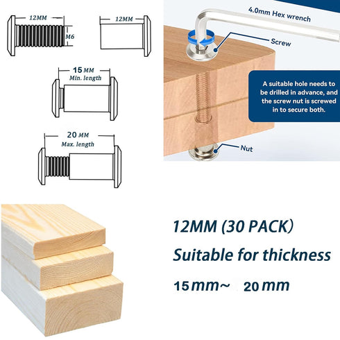 30pcs M6 Furniture Joint Connector Bolt & Cap Nut Kit for Cot Bed Crib Bolts