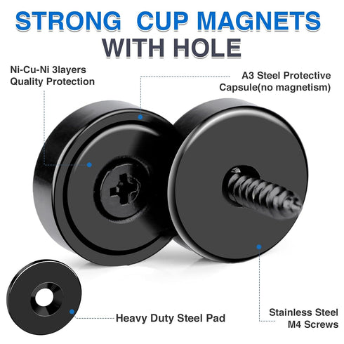 12Pack 70Lbs+ Countersunk 0.98x0.22inch MIKEDE Strong Neodymium Cup Magnets, Force Heavy Duty Black Round Base Cup