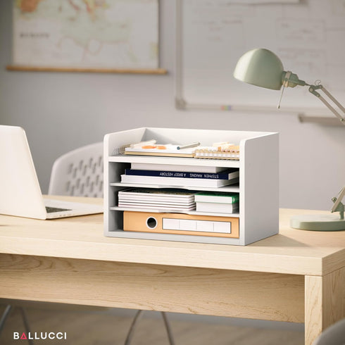 Ballucci 4-Tier File Organizer, Open Top Wood Paper Organizer for Classroom, Desktop Mail Sorter, White
