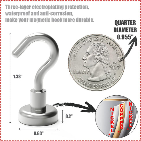 Strong Neodymium Magnetic Hooks, 22lbs Heavy Duty Rare Earth Hooks for Hanging, Pack of 28