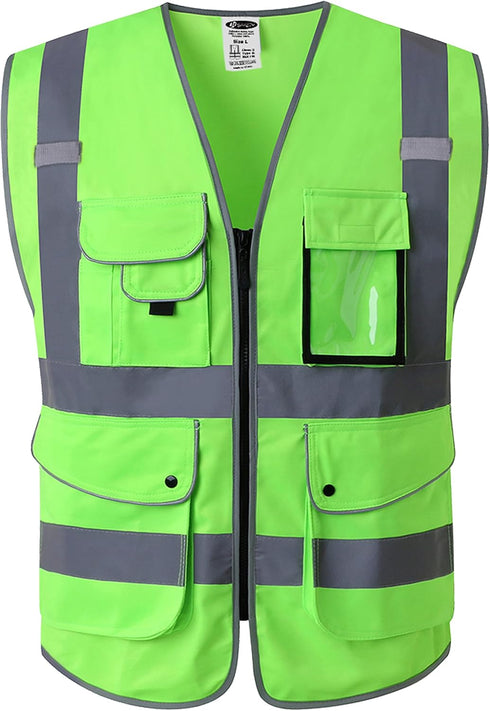 JKSafety Class 2 High Visibility Safety Vest 9 Pockets Zipper Front Reflective Strips 150-Green 4X-Large