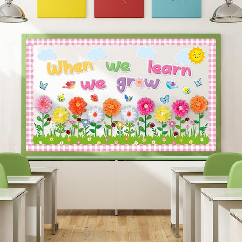 When We Learn We Grow 3D Paper Pom Poms Cutouts, Summer Flower Bulletin Board Decorations for School Home Decor