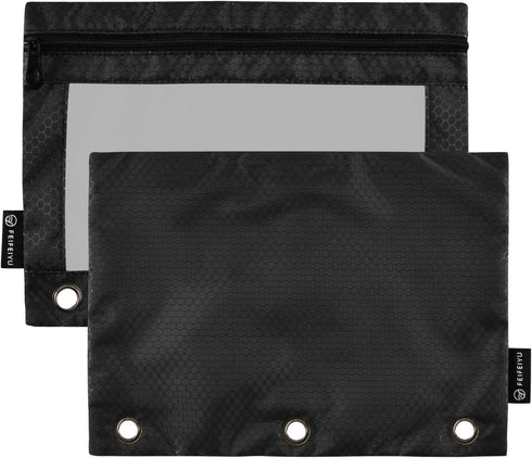 Binder Pencil Pouch 3 Ring Black Zipper Case, 2 Pack Clear Window Binder Organizer for School Office