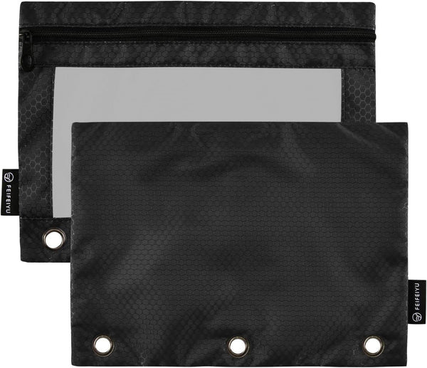 Binder Pencil Pouch 3 Ring Black Zipper Case, 2 Pack Clear Window Binder Organizer for School Office
