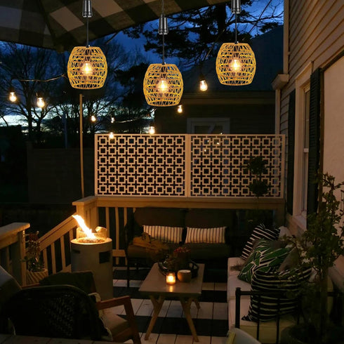 6 Bulb,Seagrass Larekook Hours Timer Battery Operated Pendant Light with Warm White Woven Large Outdoor Hanging Rattan