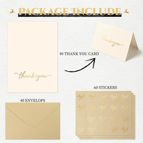 JIXZEN 40 Pack Gilding Thank You Cards with Envelopes & Matching Stickers, Thank You Notes for Wedding, Business, Baby