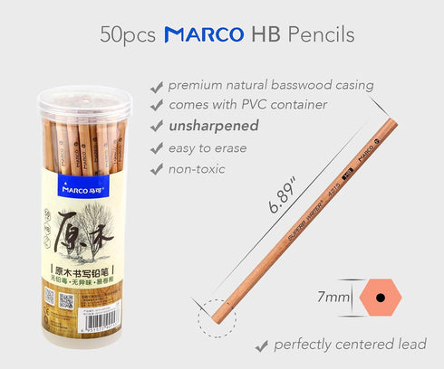 Marco Natural Wood Grain Graphite Drawing HB Pencil, Wood-Cased Sketching Pencils, Pack of 50 by BeeChamp