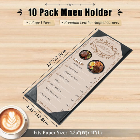 4.25" 11" 10 Pack 1 Menu Covers x View Black PU Leather Restaurant Menu Holders, Single Panel with Angled Corners