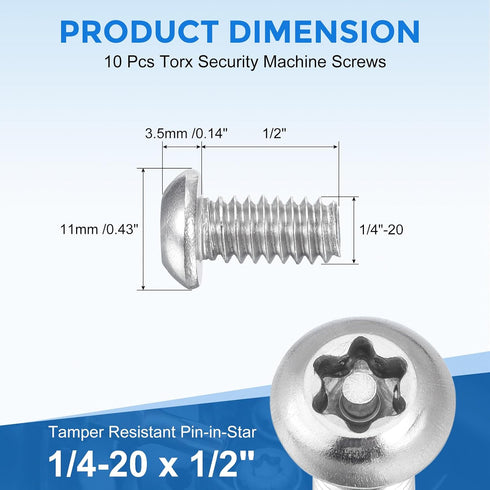uxcell 10Pcs 1/4-20 1/2" 304 Torx Security Machine Screws, x Stainless Steel Tamper Resistant Button Head Screws Bolt