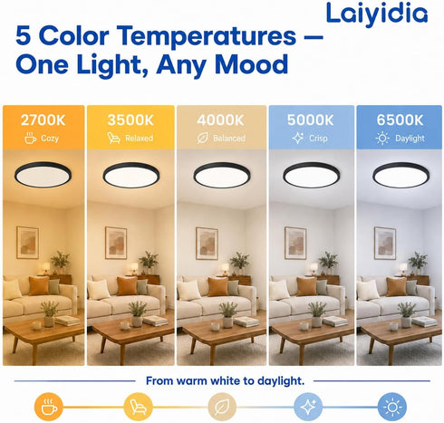 12 inch, 24W 2640LM Dimmable 5 2700K-6500K Ultra Thin LED Ceiling Light Flush Mount Ceiling Light, Color Temperatures