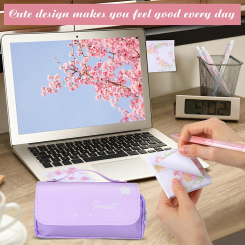 Crtiin 74 Pcs Kawaii Cherry Blossom Stationery Set - Includes Mechanical Pencil, Erasers, and Stickers