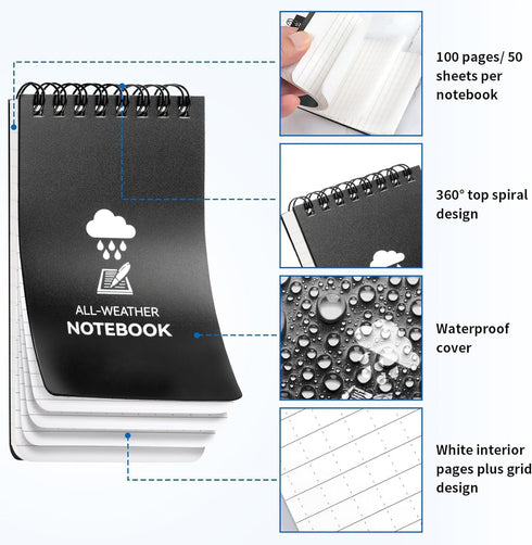 Waterproof Pocket Notebook, 3 x 5 Mini Notepad, Weatherproof Stone Paper, 100 Lined Pages, 6 Pack for Outdoor Use