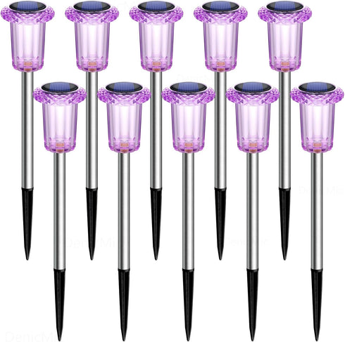 DenicMic 10 Pack Solar Lights Outdoor Waterproof Purple LED Stainless Steel Stake Outside Lights for Yard Pathway