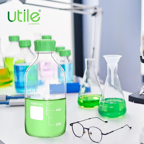 Utile 1000ml (33.8oz) Lab Media Bottle, 3.3 Borosilicate Glass Storage Bottle with Lid, PP Material