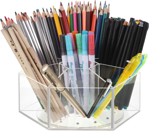 Zonon Clear Acrylic Pen Holder, 360 Degree Rotating Art Pencil Organizer with 7 Compartments for Home Office