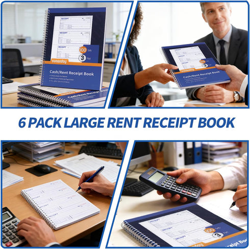 sunanday 6 Pack Insert,7-5/8" 10-7/8" Bound,3 Carbonless,100 Sets Book,4 Large Money and Rent Receipt Books
