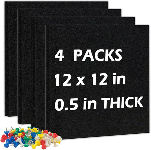 DOLLAR BOSS Felt Cork Board Tiles, 4 Packs 12" x 12" 1/2" Thick Self-Adhesive Acoustic Panels with 40 Pushpins