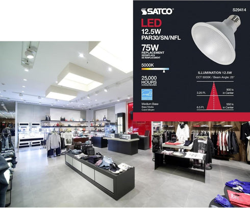 Satco 12.5W PAR30 Bulb 5000K 1000 25 E26 90 Dimmable 120V S29414 (2 Pack) Short Neck LED Light Natural Light Lumens