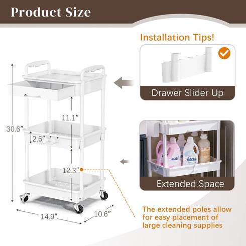 Rolling Utility Cart with Drawer, 3 Tier Storage Organizer with Lockable Wheels for Kitchen, Bathroom, Office
