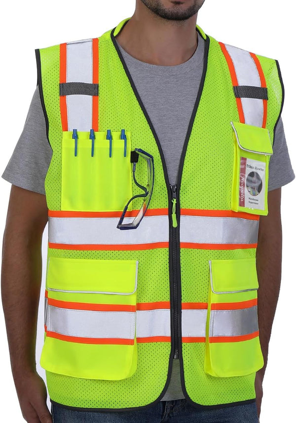 Reflective Safety Vest Yellow Mesh, High Visibility Vest with Pockets, Zipper, Padded Neck, ANSI Class 2, Yellow with