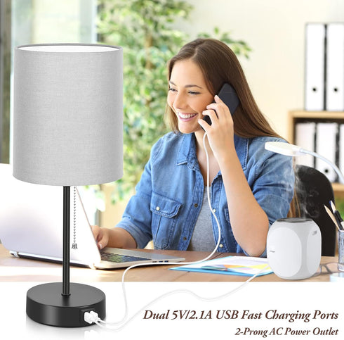 17.3 Set 2 2 Table Lamps of with USB & AC Outlet, Bedside Nightstand Lamps for Bedroom Living Room Kids Room, Desk Lamp