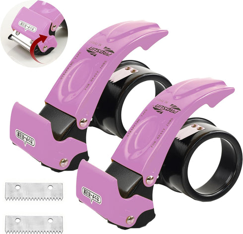 Blade Safety Packing Tape Dispenser Gun - 2 Pack Metal Tape Gun with Pink Cover, 2-Inch, 3-Inch Inner Paper Core