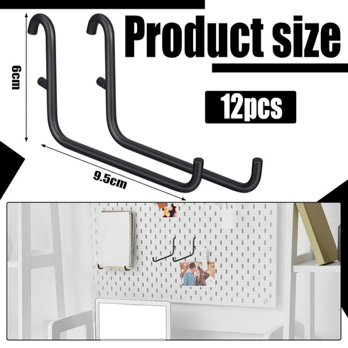 12 Pcs Pegboard Hooks, 6 x 9.5 Centimeters, Pegboard Accessories Compatible with IKEA Skadis Pegboard, Long Pegboard Hooks Set Metal Storage Tool Waterproof Home Office Indoor Supply (Black)