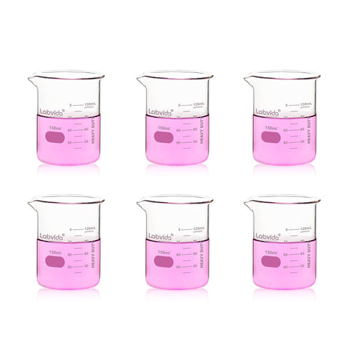 6pcs 150ml Upgraded Thick Glass Beakers, Griffin Low Form Beaker Set with Double Scale, 3.3 Boro, LVA006