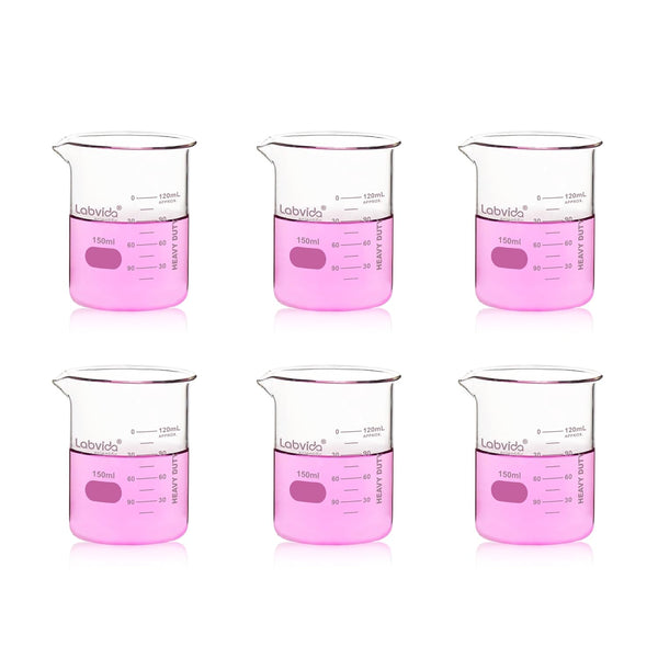 6pcs 150ml Upgraded Thick Glass Beakers, Griffin Low Form Beaker Set with Double Scale, 3.3 Boro, LVA006