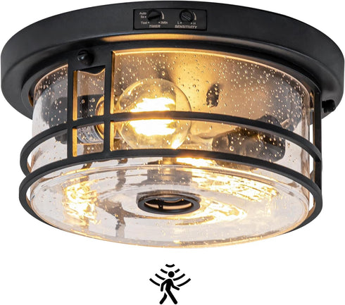 SAYTOP 2-Light Outdoor Ceiling Light with Motion Sensor Flush Mount Round Porch Light, Industrial Dusk to Dawn Ceiling