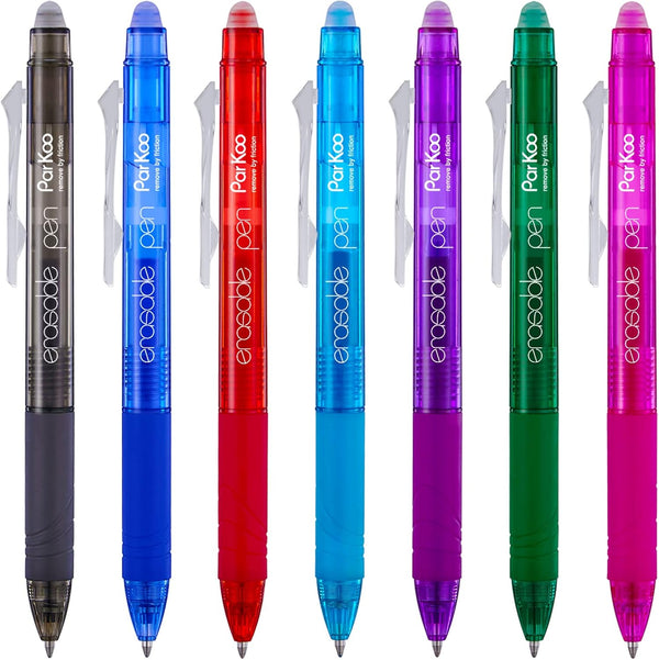 ParKoo Retractable Erasable Gel Pens Clicker, Fine Point, Assorted Color Inks for Planners and Crossword Puzzles, 7-Pack