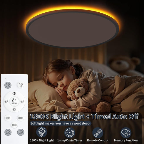 11 Inch 24W 2400LM, Dimmable 3000K/4000K/6500K Flush Mount Ceiling Light with Night Light, LED Ceiling Lights Fixture