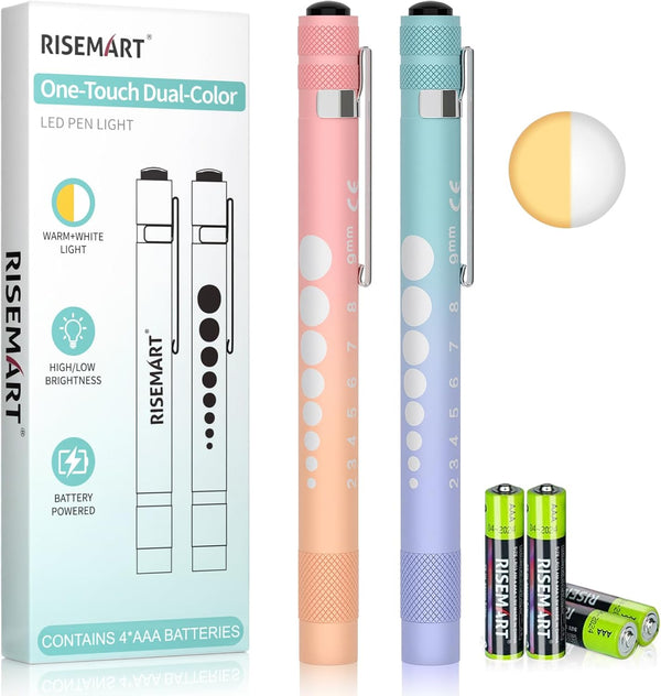RISEMART 2-Pack Pen Light for Nurses Medical Penlight with One-Button Switch for