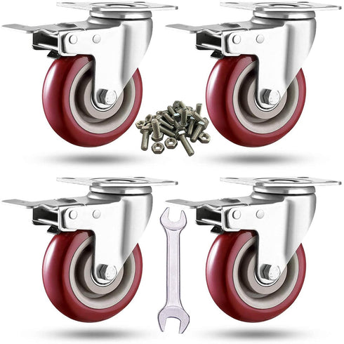 3 inch Heavy Duty Casters Load 2000lbs, Lockable Bearing Plate Wheels with Brakes, Set of 4