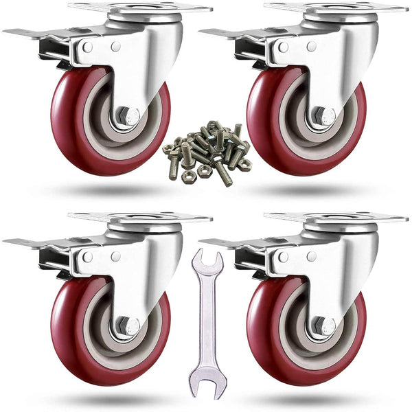 3 inch Heavy Duty Casters Load 2000lbs, Lockable Bearing Plate Wheels with Brakes, Set of 4