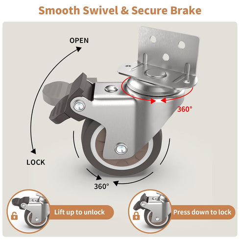 Chegulu 2" 600 Lbs, 4 L-Shaped Swivel Plate Casters, TPR Silent Furniture Wheels with Brakes, Total Load Capacity