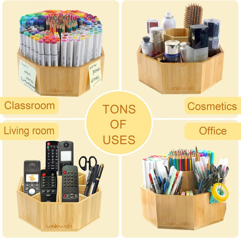 walowalo Bamboo Rotating Art Supply Organizer, Holds 800+ Pencils, Spinning Crayon Marker Pen Holder for Desk, Office,