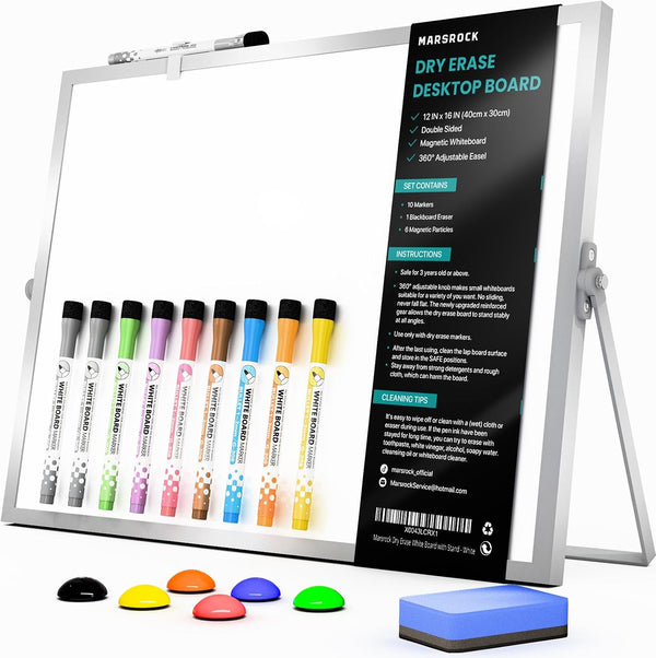 Dry Erase White Board with Stand, Double-Sided 12x16 inch, 10 Markers, 6 Magnets, Portable for Planning