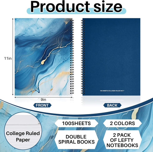 Jutom 2 Pads Jumbo Left Handed Notebook 11" x 8.5" Lefty Wire Bound Notebooks 200 Pages 100 Sheets Left Handed Journal Spiral Notebooks for Lefties School Office (Marble Color,Marble) by Jutom