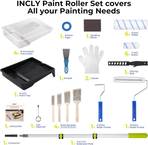 32PCS 2 4 4" 9" 11'' INCLY Paint Roller Kit with to Ft Extension Pole, & Paint Rollers with Tray, Paint Brushes