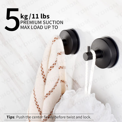 YOHOM 2Pcs Suction Cup Hooks, Stainless Steel Vacuum Bathroom Shower Hook for Towel Rack Kitchen Organizer - Matte Black
