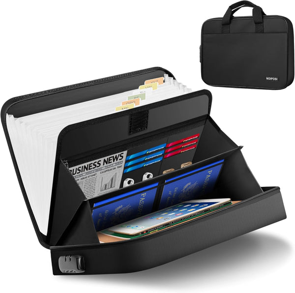 Noiposi Accordion File Organizer, Fireproof Expanding File Folder with Lock, 13 Pockets, Two Big Compartments for