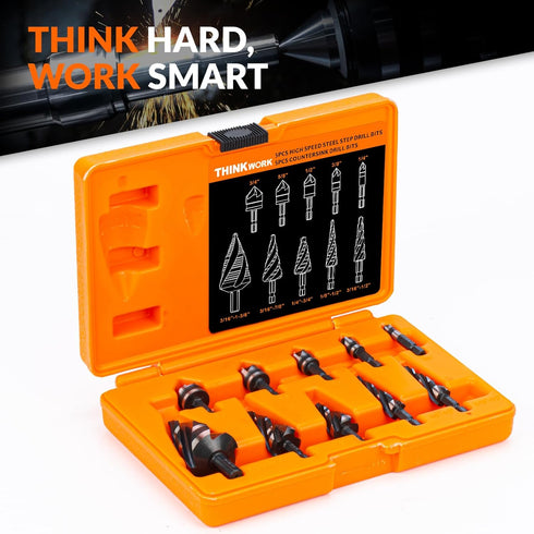 THINKWORK 5 Pcs Step Drill Bit Set with 5 Pcs Countersink Drill Bits & Tool Box, Nitriding HSS for Metal, Aluminum,