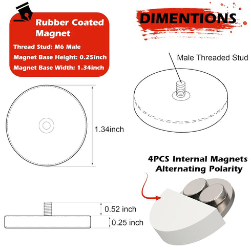 4-Pack Neodymium Magnet, Non-Slip Strong White Rubber Coated with M6 Male Thread for Sensor Communication Equipment