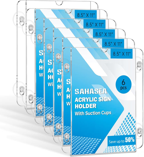 Sahasea Acrylic Window Sign Holder Suction Cups 8.5 x 11, 6 Packs Clear